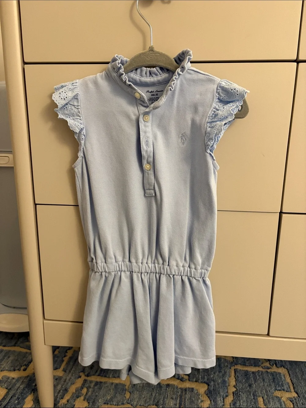 Ralph Lauren Baby Blue Eyelet Ruffle Polo Romper